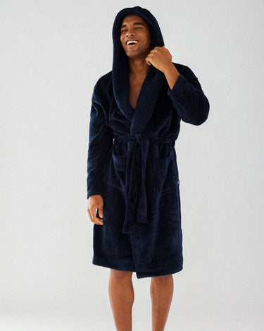 Men's Navy Fluffy Hooded Robe